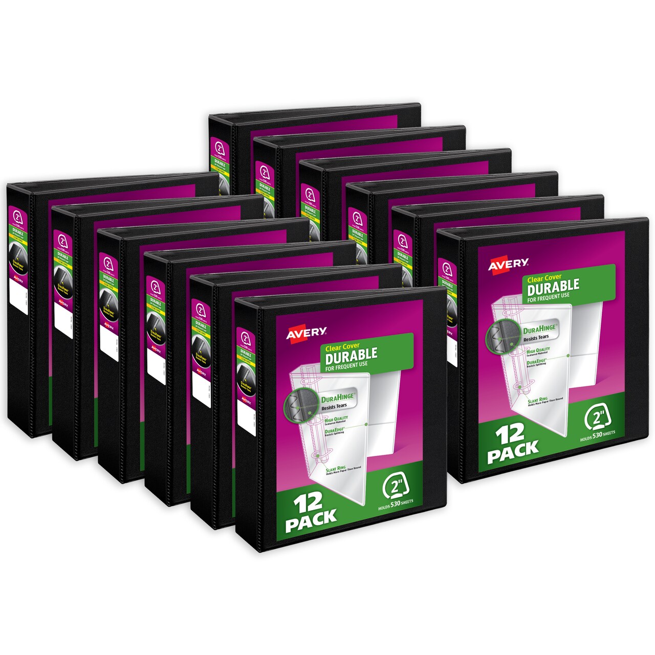 Avery Durable View 3 Ring Binders, 2 Inch Slant Rings, 530-Sheet Capacity, DuraHinge, 2.8 Inch Wide Spine, Customizable Clear Cover and Spine, Black Binders (12-pack of 17031)